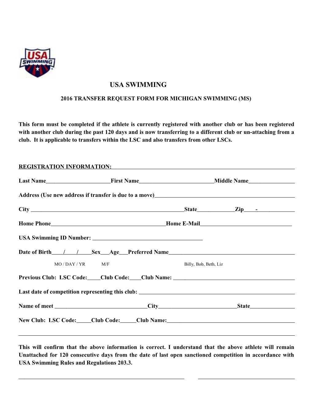 2016 Transfer Request Form for Michigan Swimming (Ms)