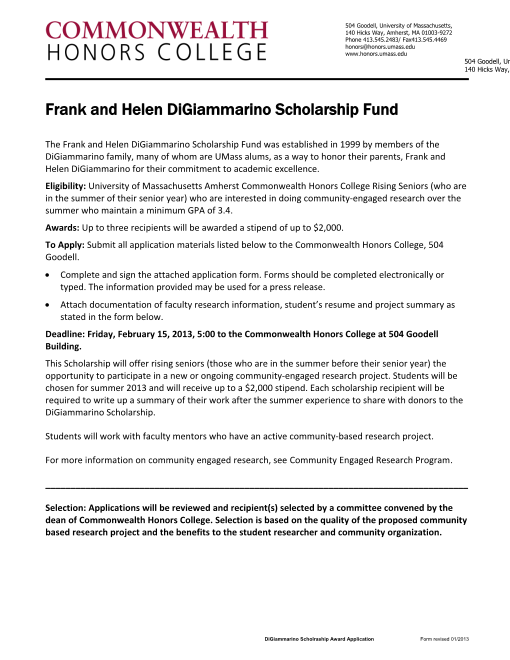 Frank and Helen Digiammarino Scholarship Fund