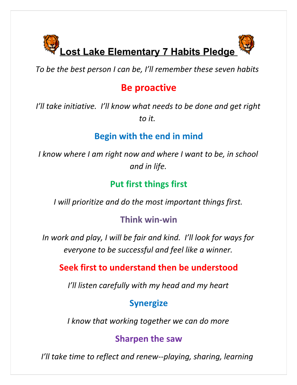 Lost Lake Elementary 7 Habits Pledge