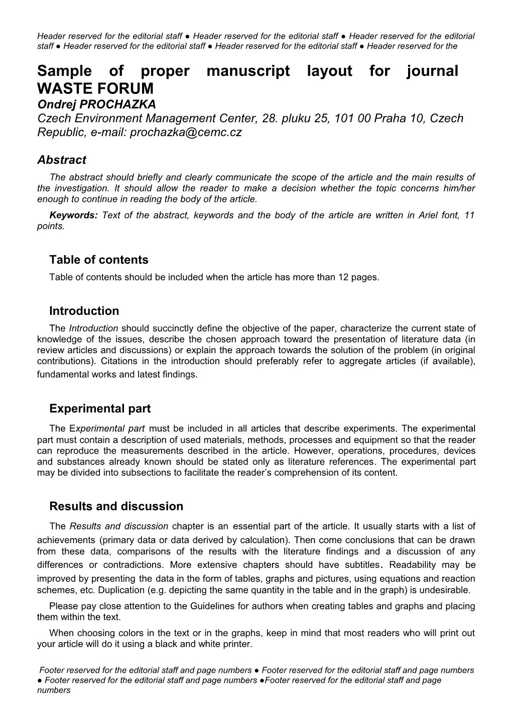 Sample of Proper Manuscript Layout for Journal WASTE FORUM