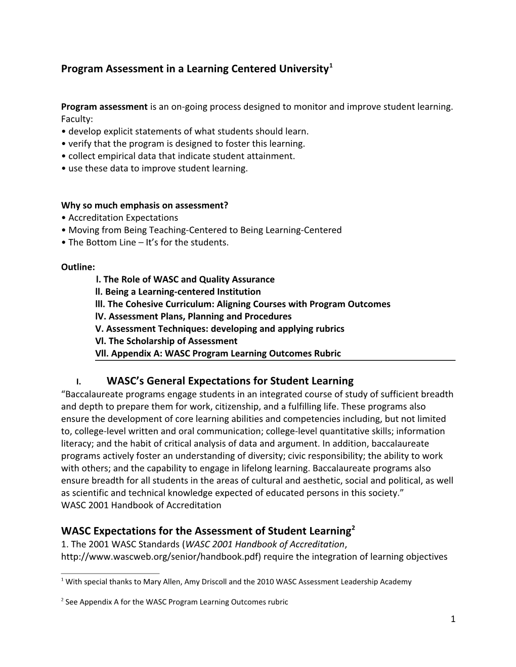 Program Assessment in a Learning Centered University 1