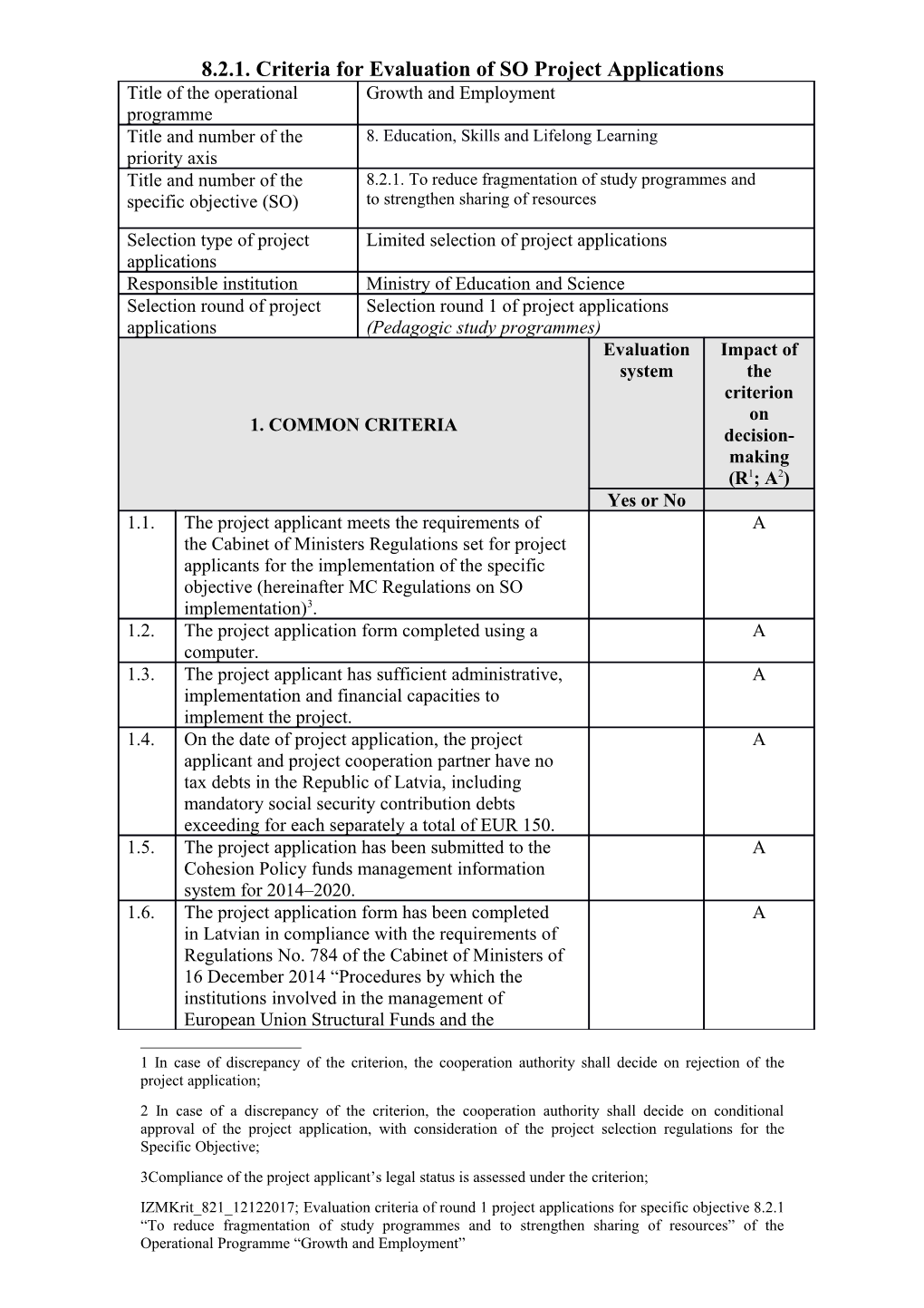 8.2.1. Criteria for Evaluation of SO Project Applications