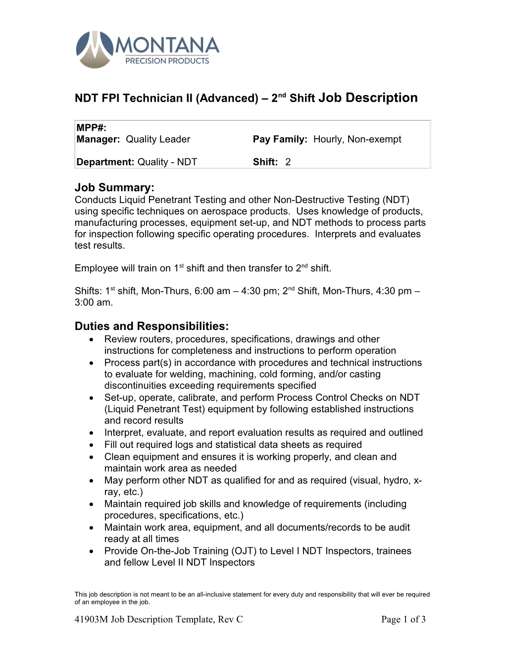 NDT FPI Technician II (Advanced) 2Nd Shift Job Description