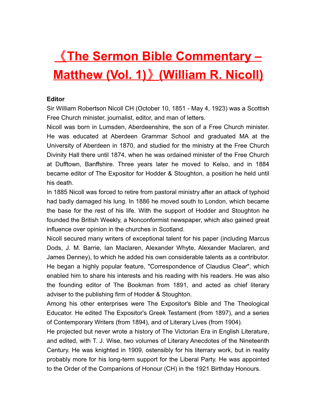 The Sermon Bible Commentary Matthew (Vol. 1) (William R. Nicoll)