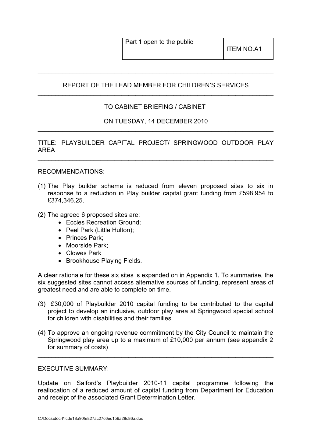 Report of the Lead Member for Children S Services