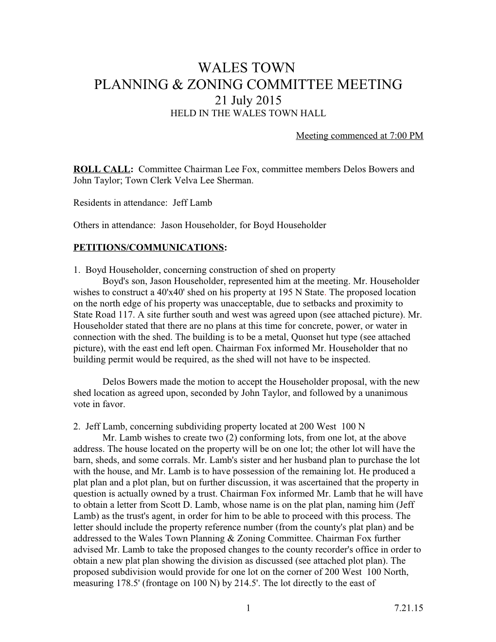 Wales Town Planning & Zoning Committee