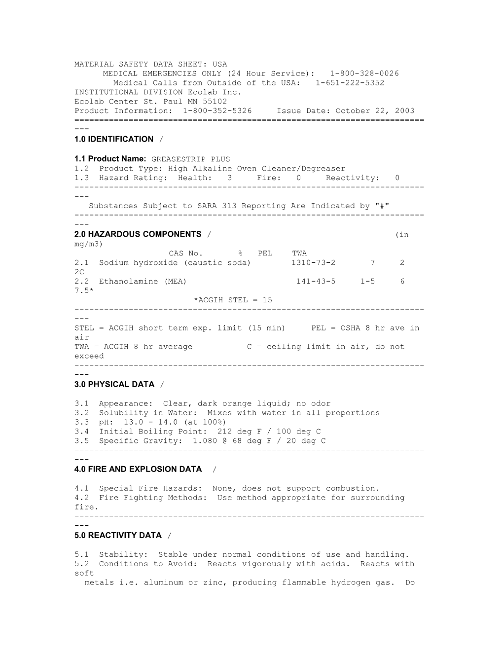 Material Safety Data Sheet: Usa