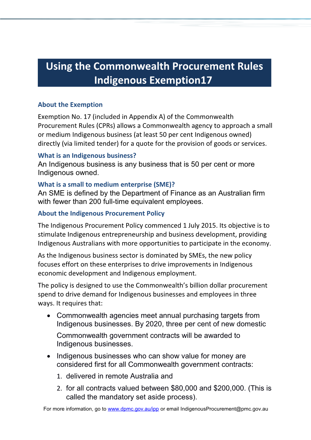 Using the Commonwealth Procurement Rules Indigenous Exemption17