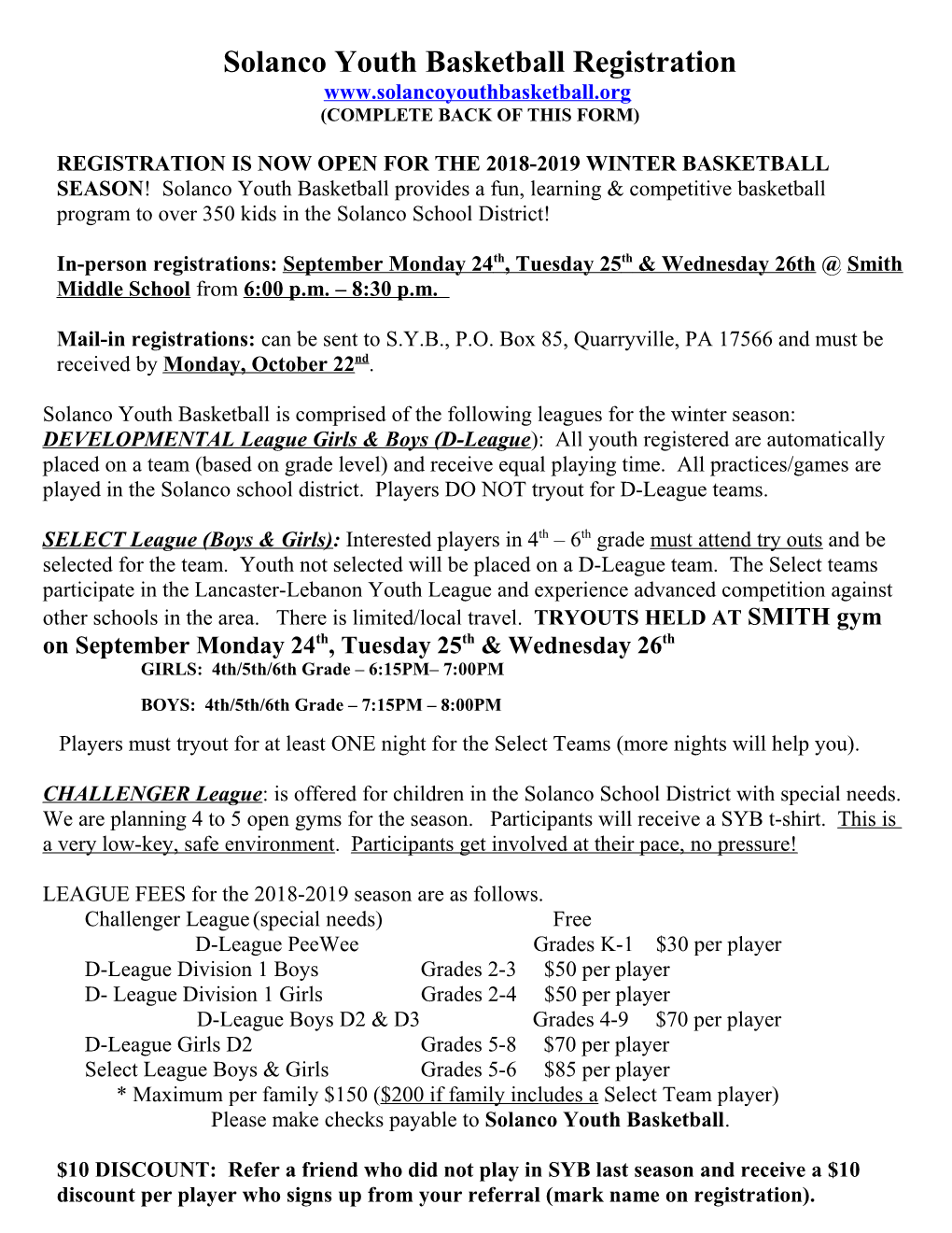 Solanco Youth Basketball Registration