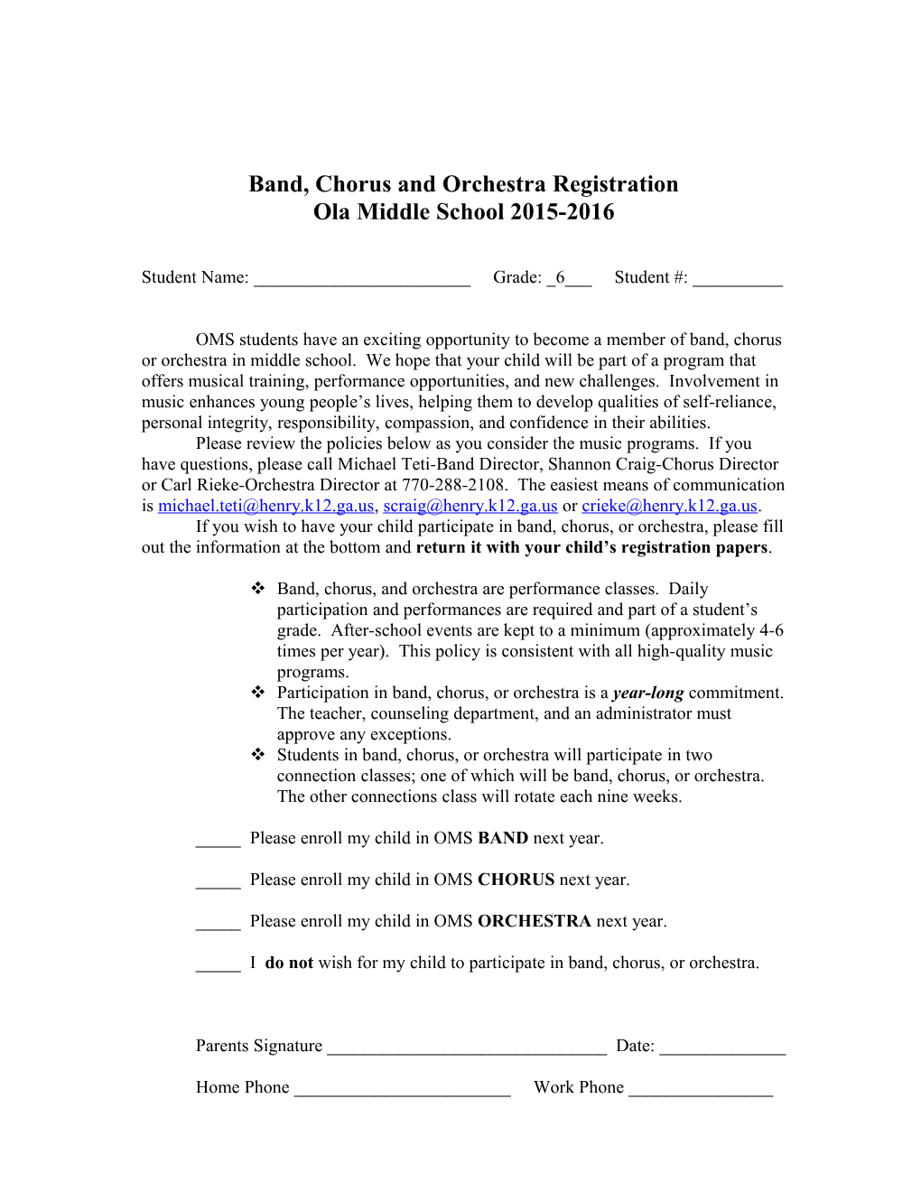 Band, Chorus and Orchestra Registration