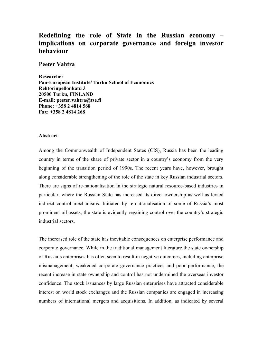 Redefining the Role of State in Russian Economy Implications on Corporate Governance And