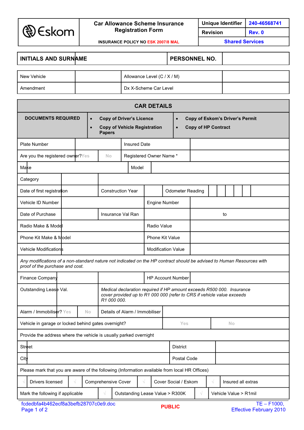 Car Allowance Scheme Insurance Registration Form INSURANCE POLICY NO ESK 2007/8 MAL