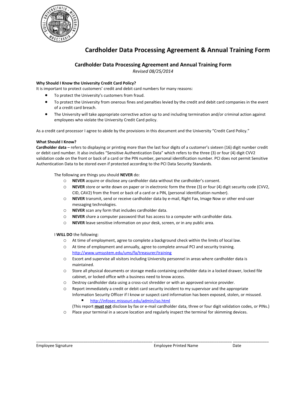 Cardholder Data Processing Agreement and Annual Training Form