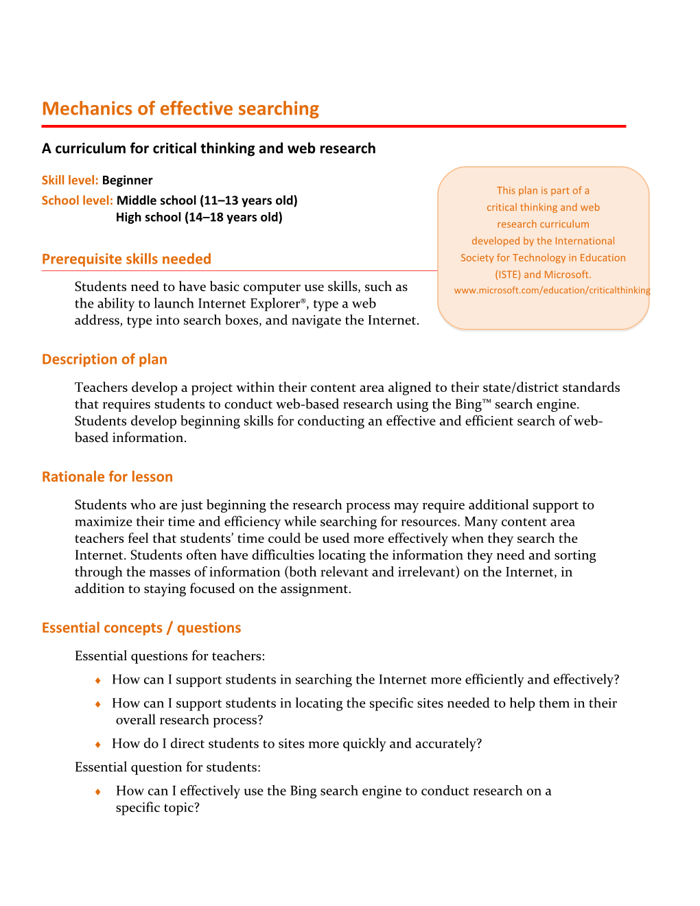 A Curriculum for Critical Thinking and Web Research