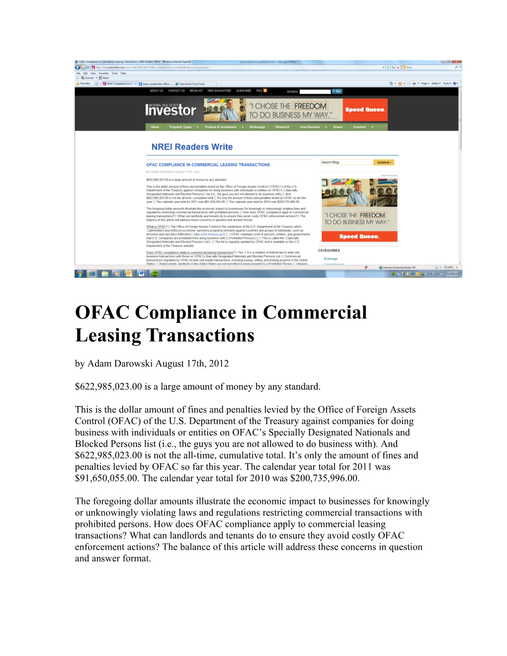 OFAC Compliance in Commercial Leasing Transactions