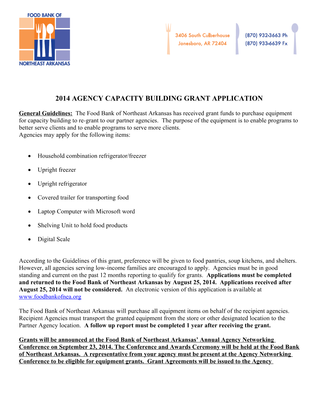 Arkansas Foodbank Network Grant Application