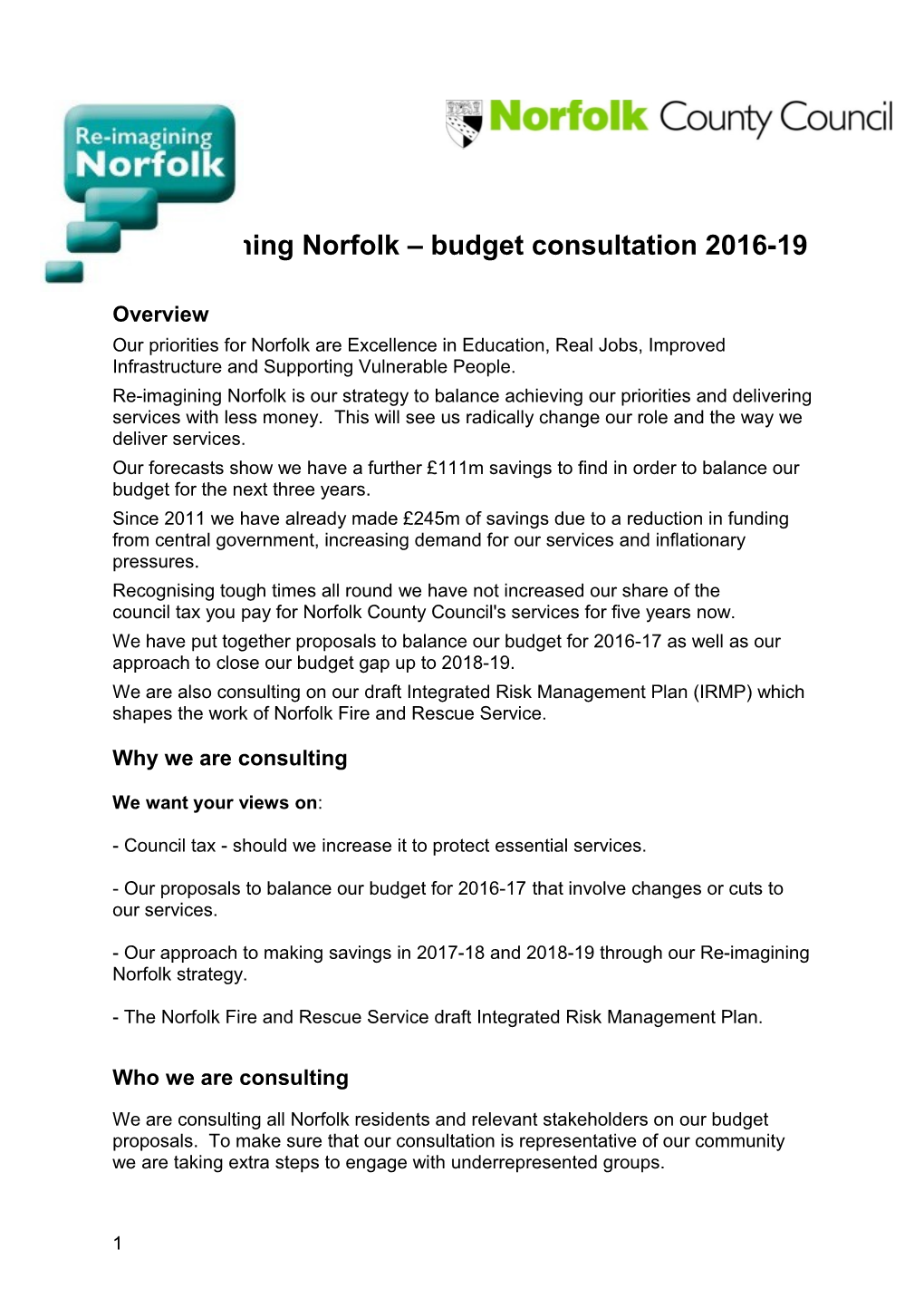 Re-Imagining Norfolk Budget Consultation 2016-19
