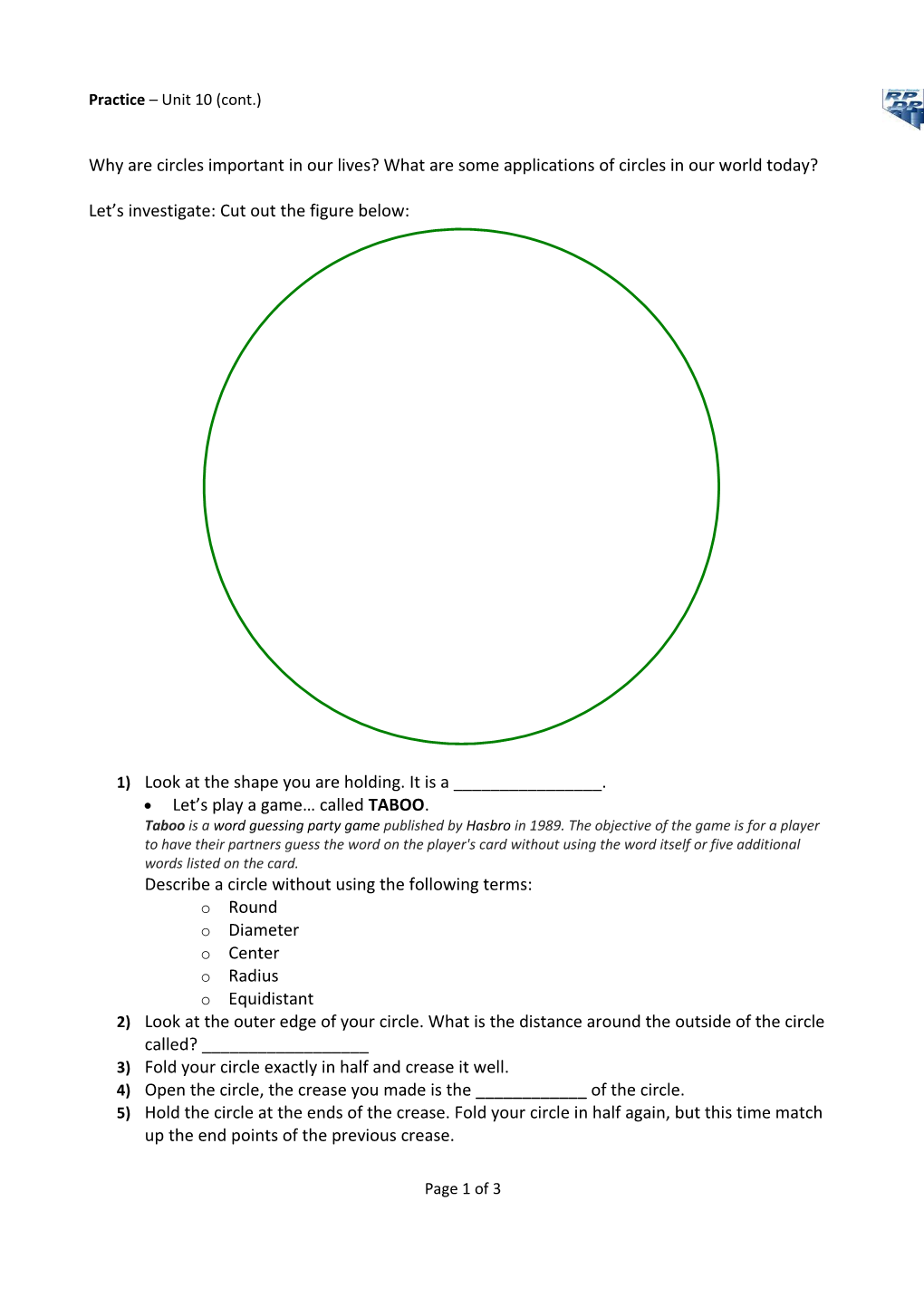 Let S Investigate: Cut out the Figure Below