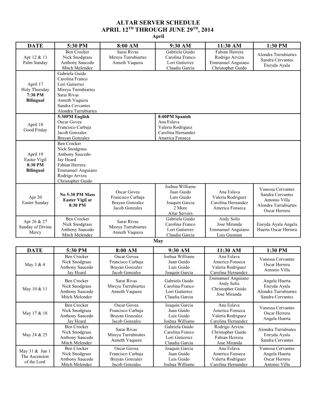 Eucharistic Ministers Schedule