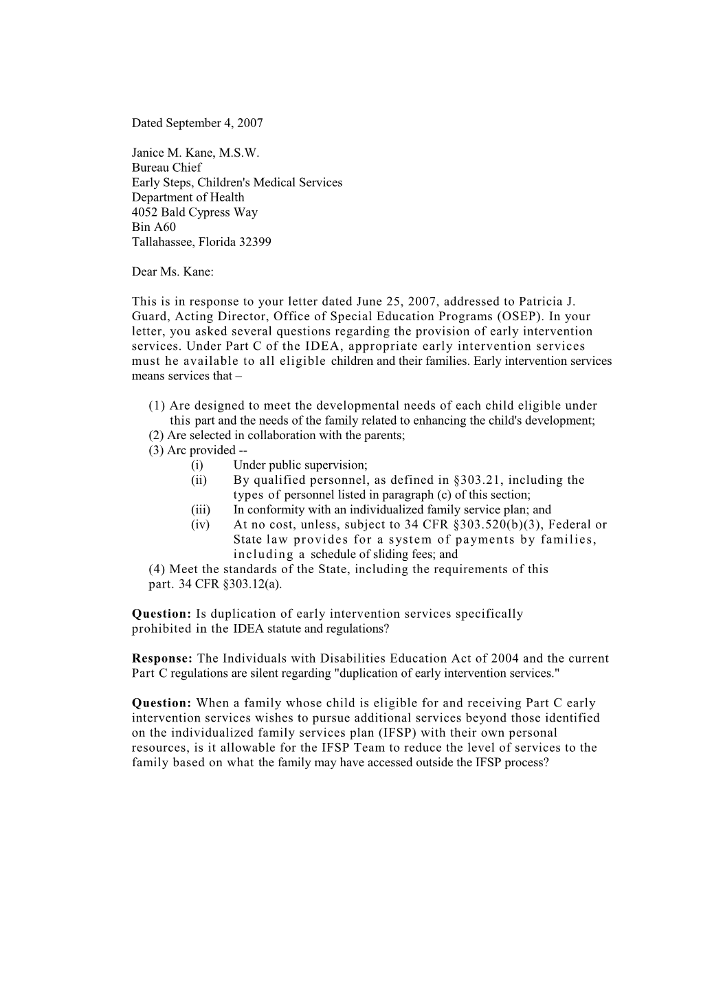 Kane Letter Dated 09/04/07 Re: Content of Plan (Ms Word)