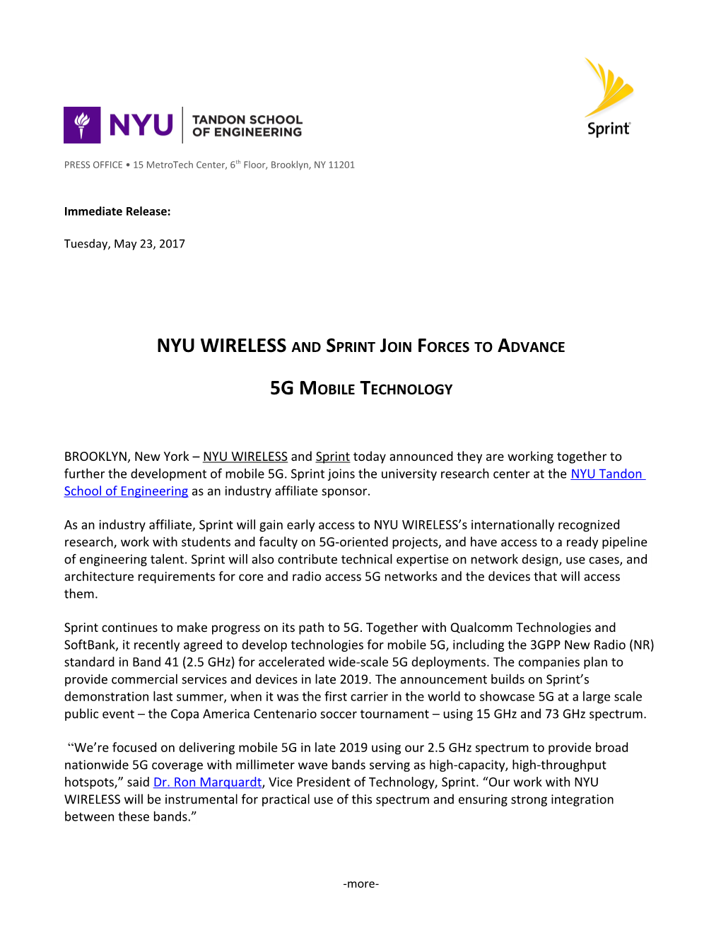 NYU WIRELESS and Sprint Join Forces to Advance