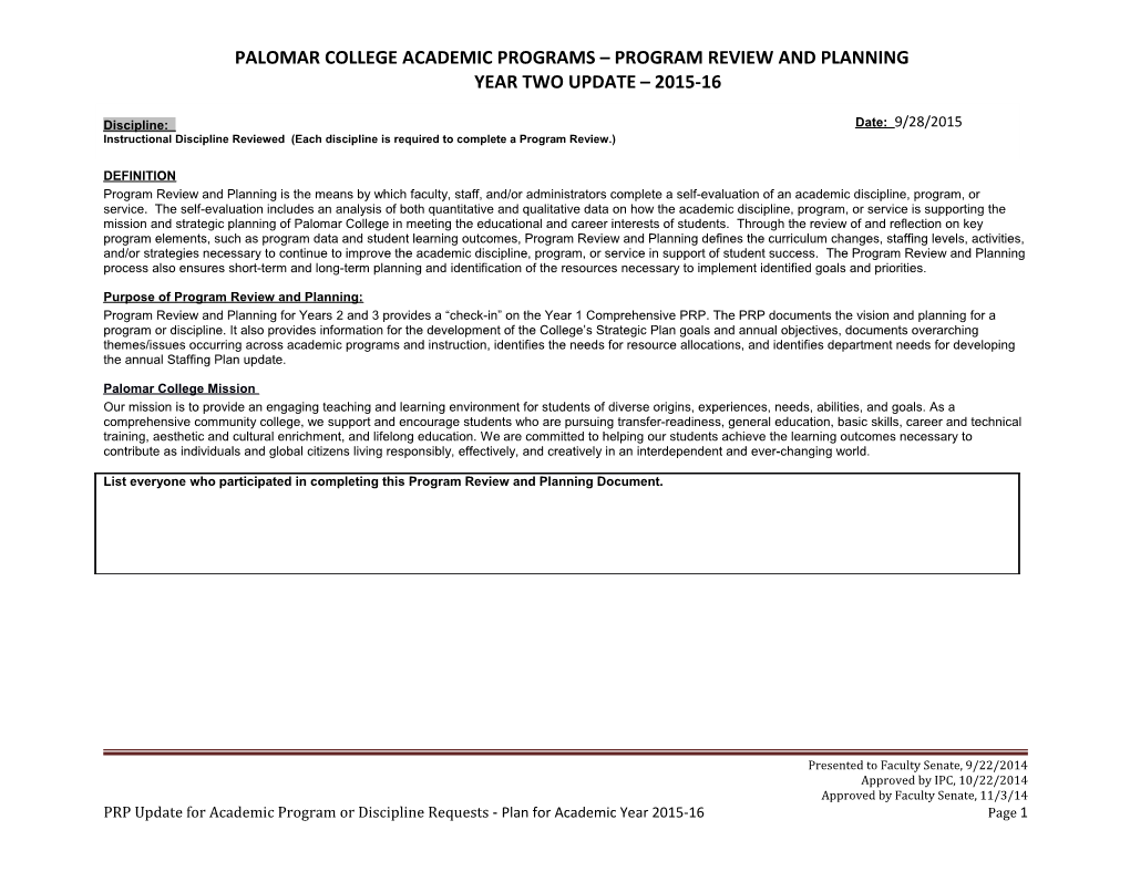 Palomar College Academic Programs Program Review and Planning Year Two Update 2015-16
