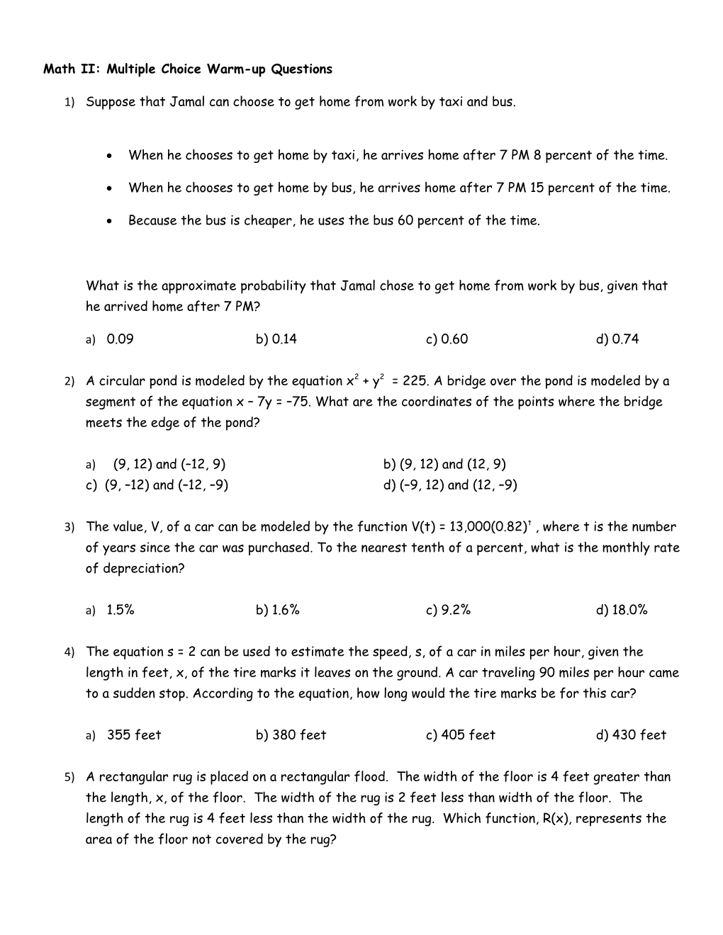 Math II: Multiple Choice Warm-Up Questions s1