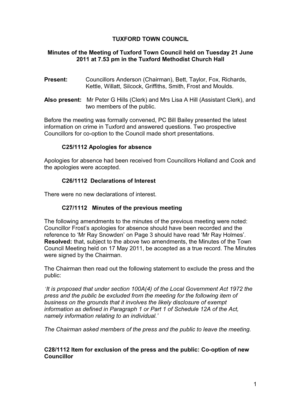 Minutes of the Meeting of Tuxford Parish Council Held on Tuesday 18 July 2006 at 7