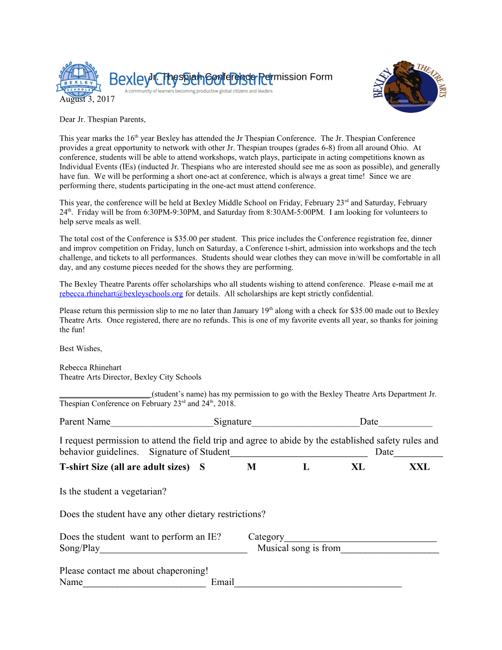 Jr. Thespian Conference Permission Form