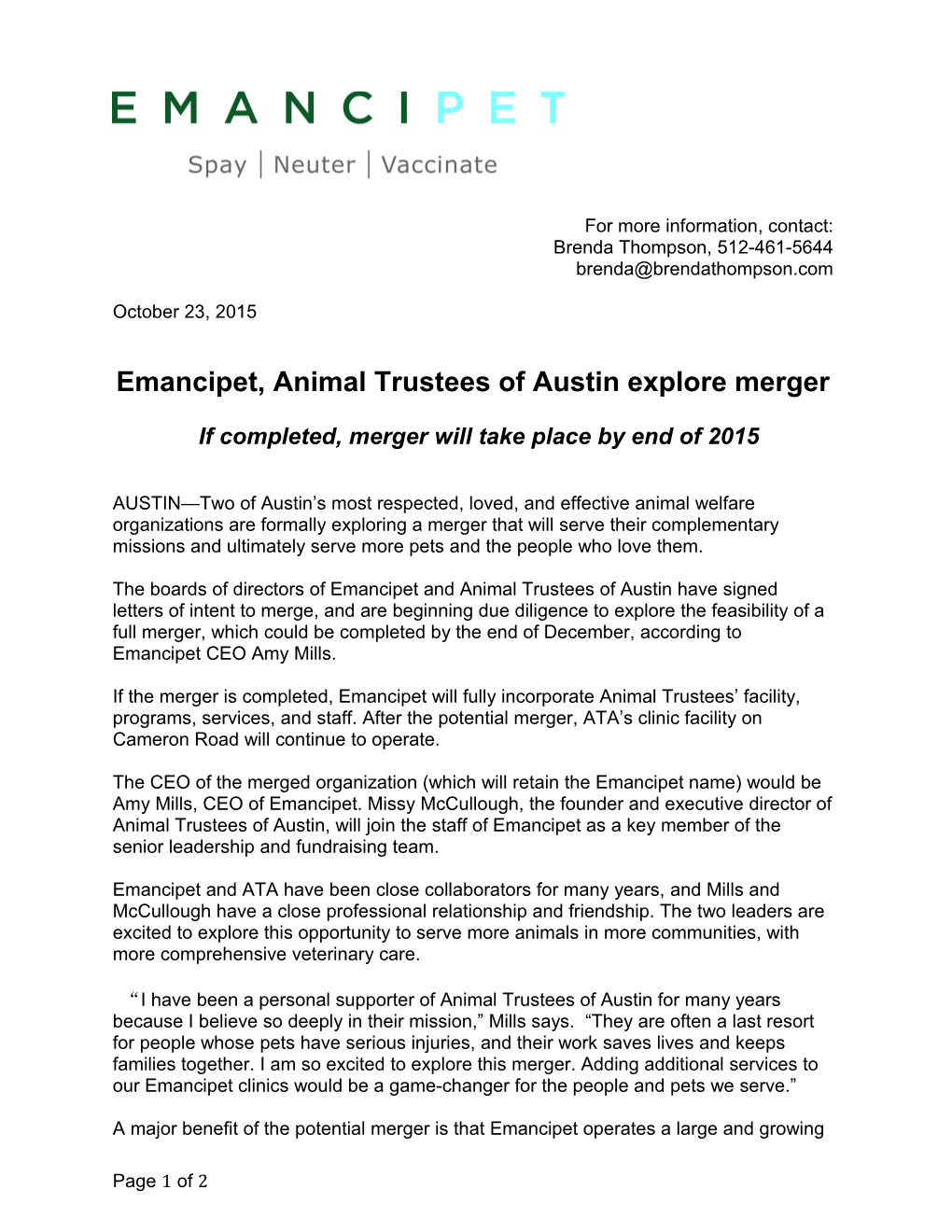 Emancipet, Animal Trustees of Austin Explore Merger