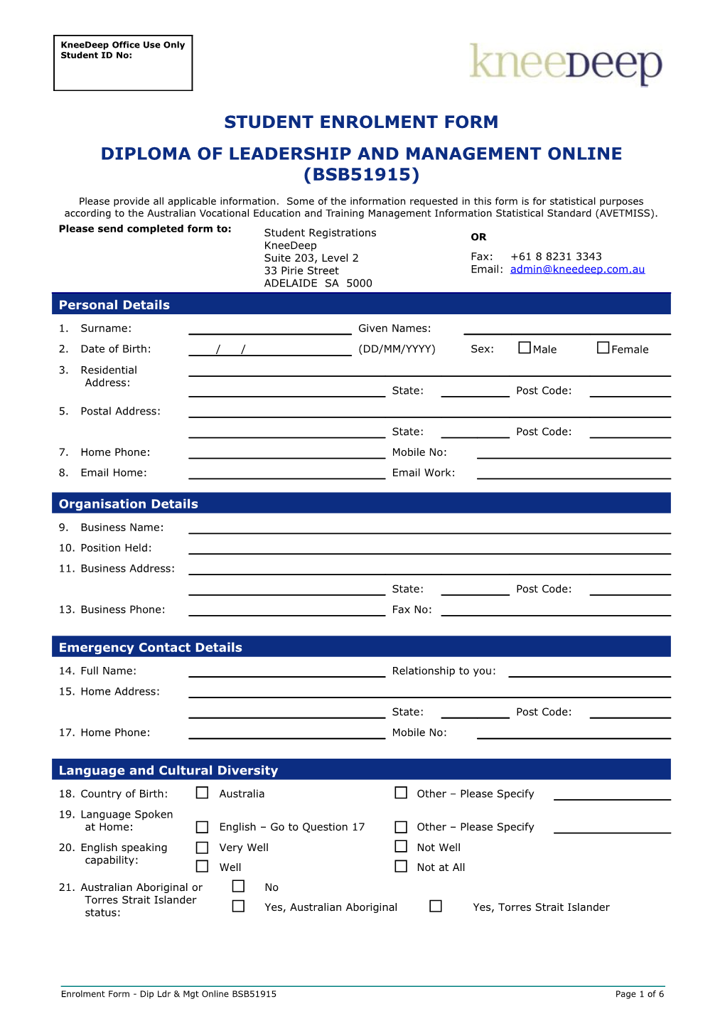 Dip Ldr & Mgt Enrolment Form