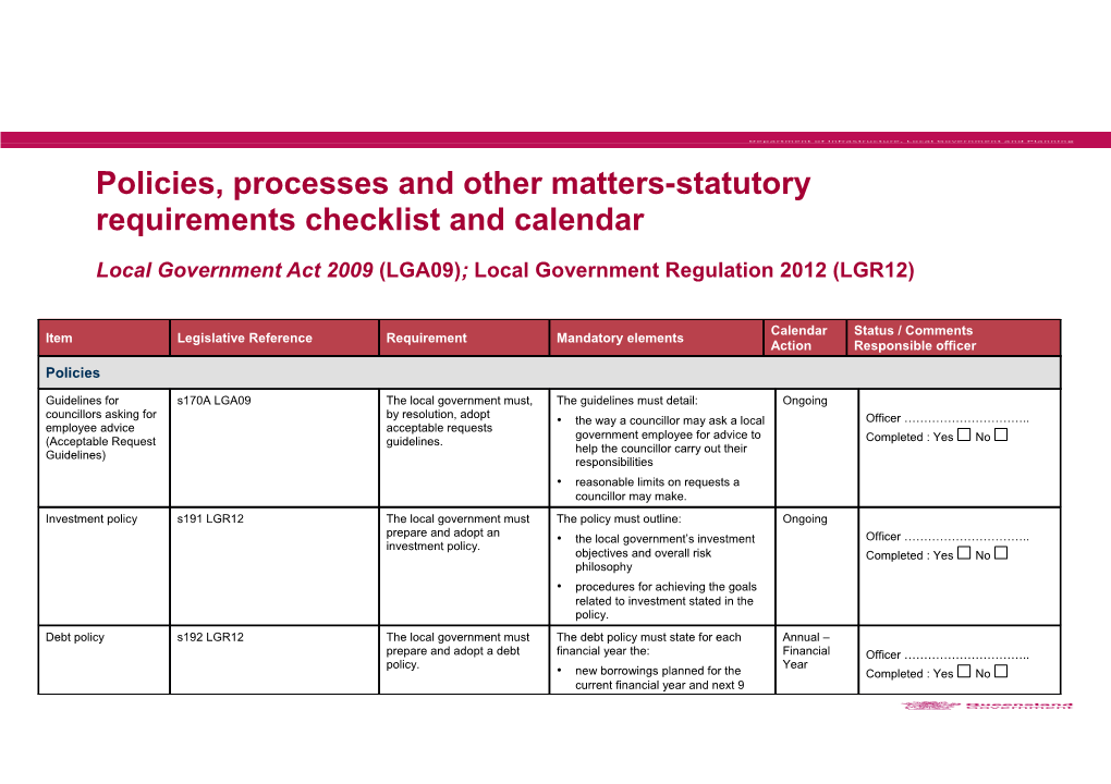 Policies, Processes and Other Matters-Statutory Requirements Checklist and Calendar