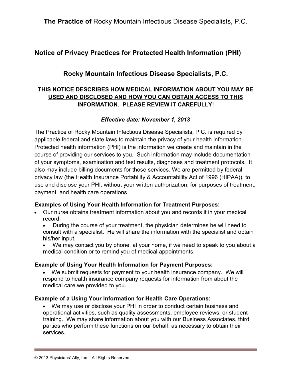 Notice of Privacy Practices for Protected Health Information (PHI)
