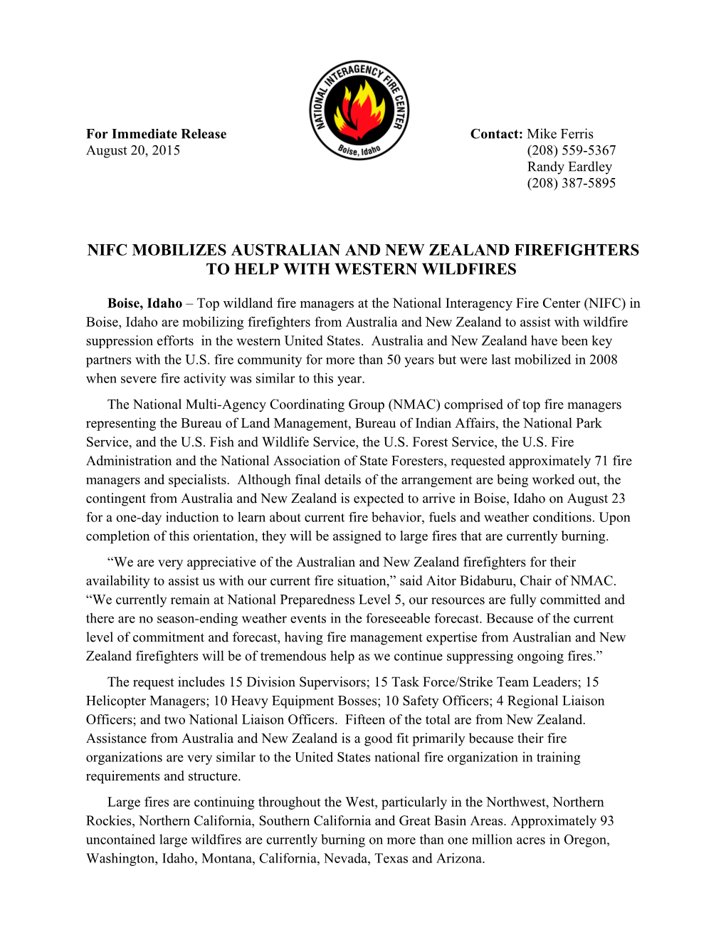 Nifc Mobilizes Australian and New Zealand Firefighters