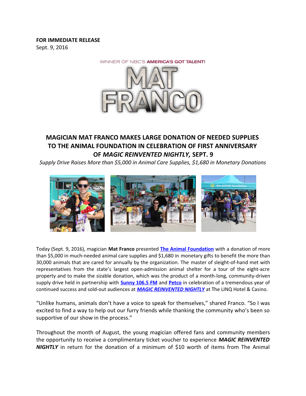 Magician Mat Franco Makes Large Donation of Needed Supplies