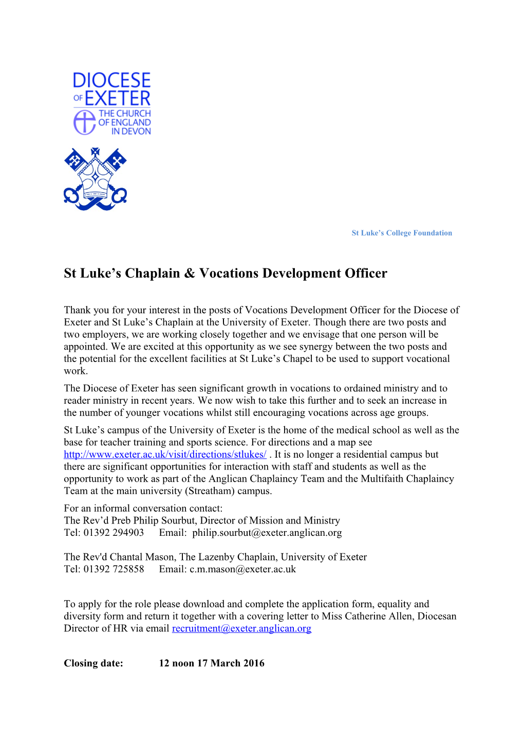 St Luke S Chaplain & Vocations Development Officer