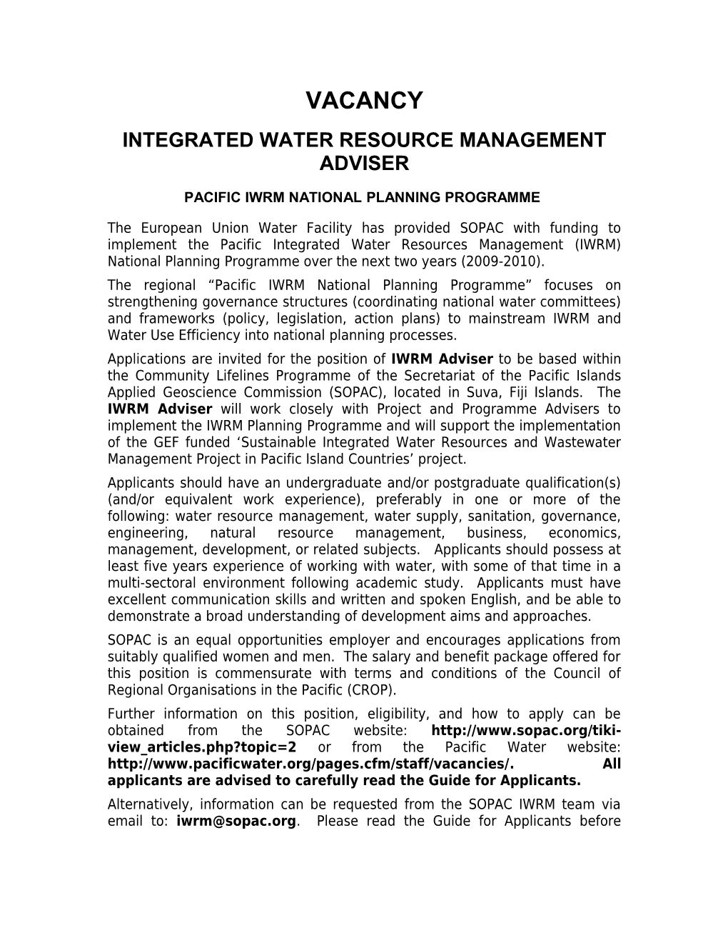 Integrated Water Resource Management Adviser