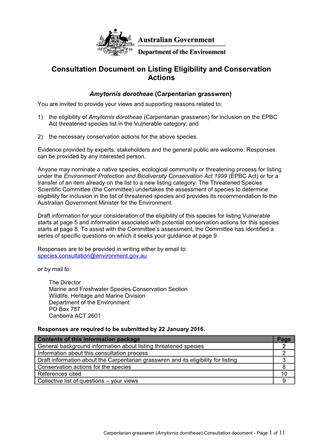 Consultation Document on Listing Eligibility and Conservation Actions - Amytornis Dorotheae