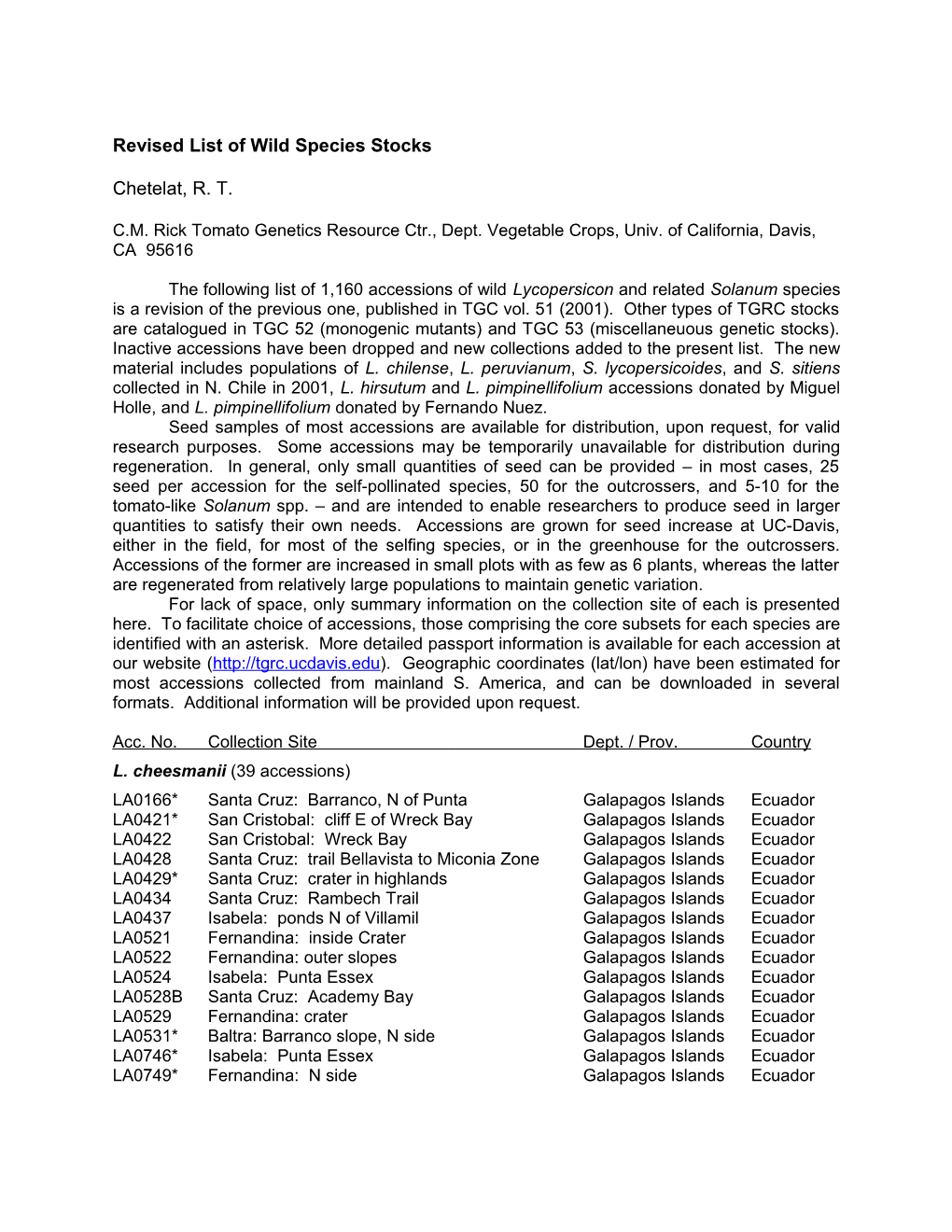 TGRC Revised List of Wild Species Stocks, 2001