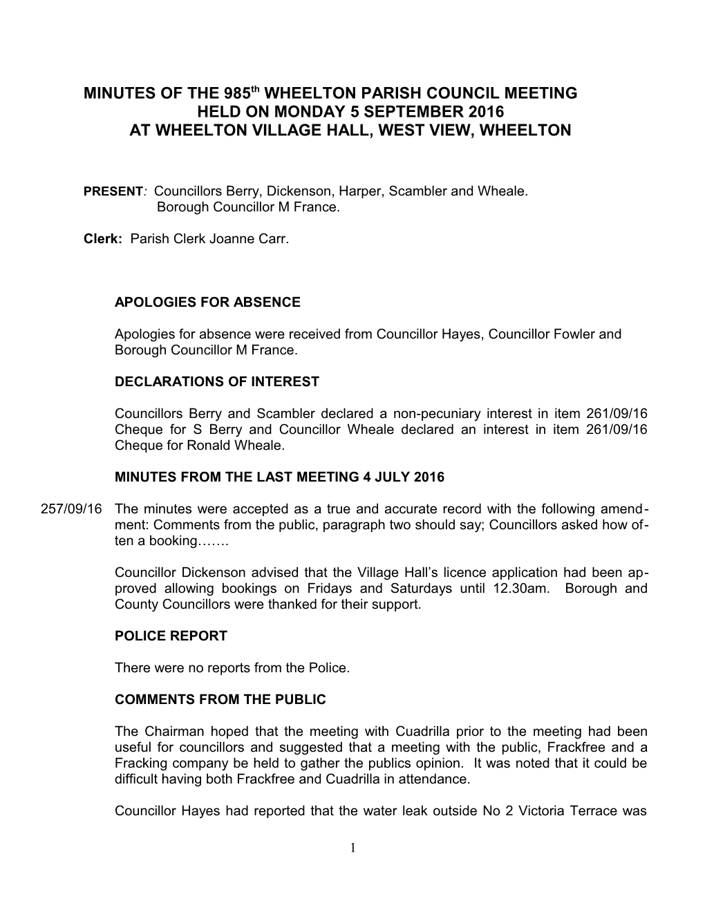 MINUTES of the 985Th WHEELTON PARISH COUNCIL MEETING