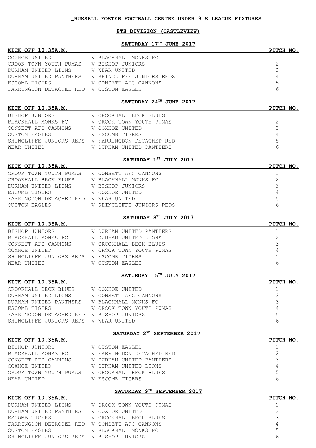 Russell Foster Football Centre Under 9'S League Fixtures s2