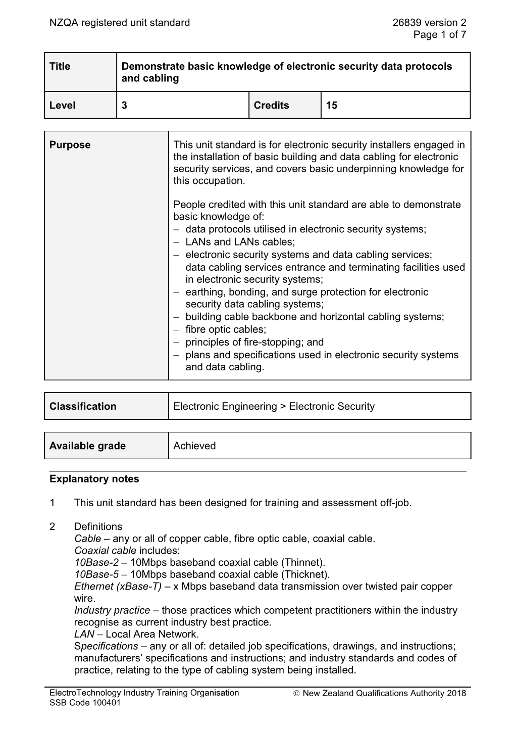 26839 Demonstrate Basic Knowledge of Electronic Security Data Protocols and Cabling