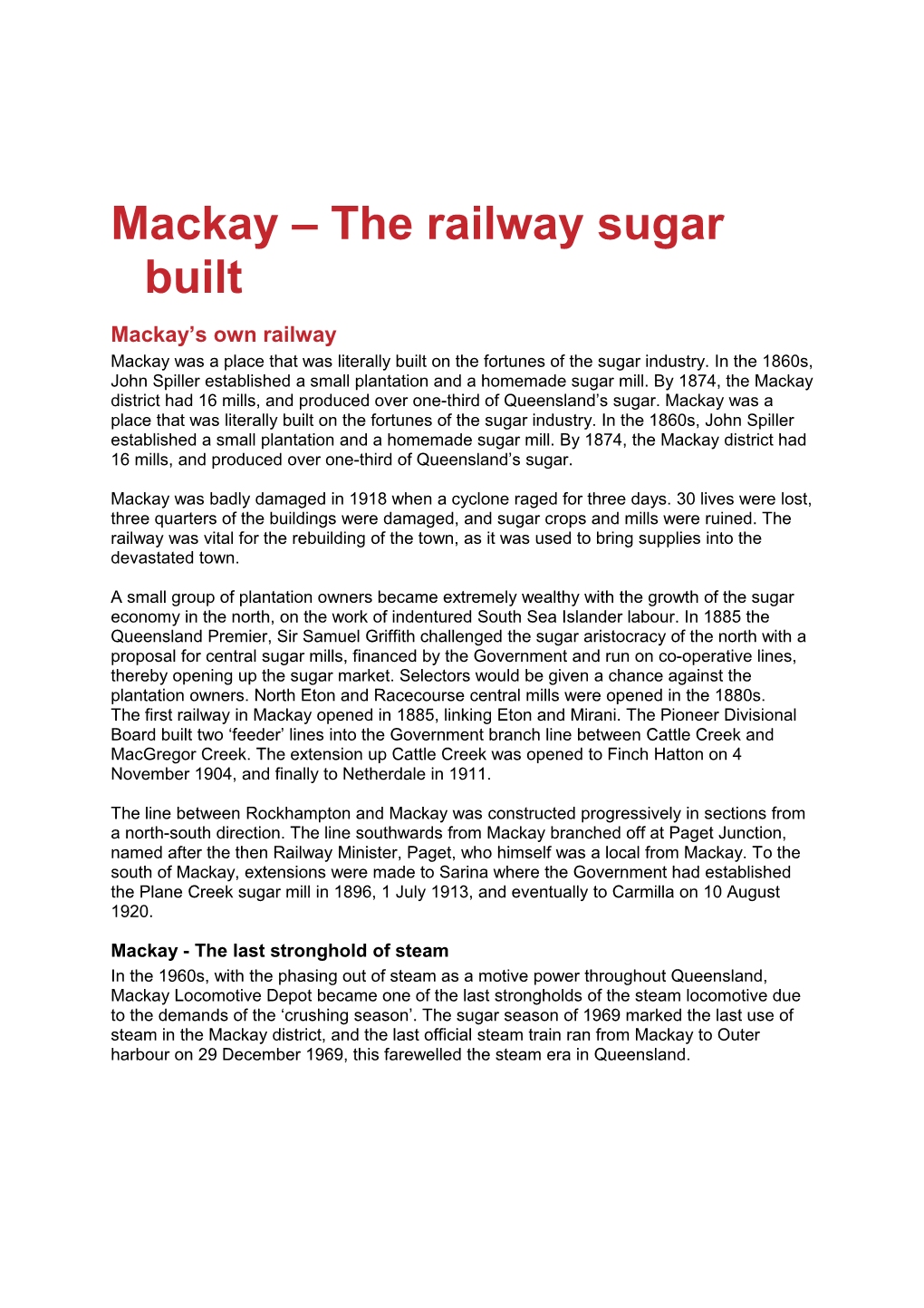 Mackay the Railway Sugar Built