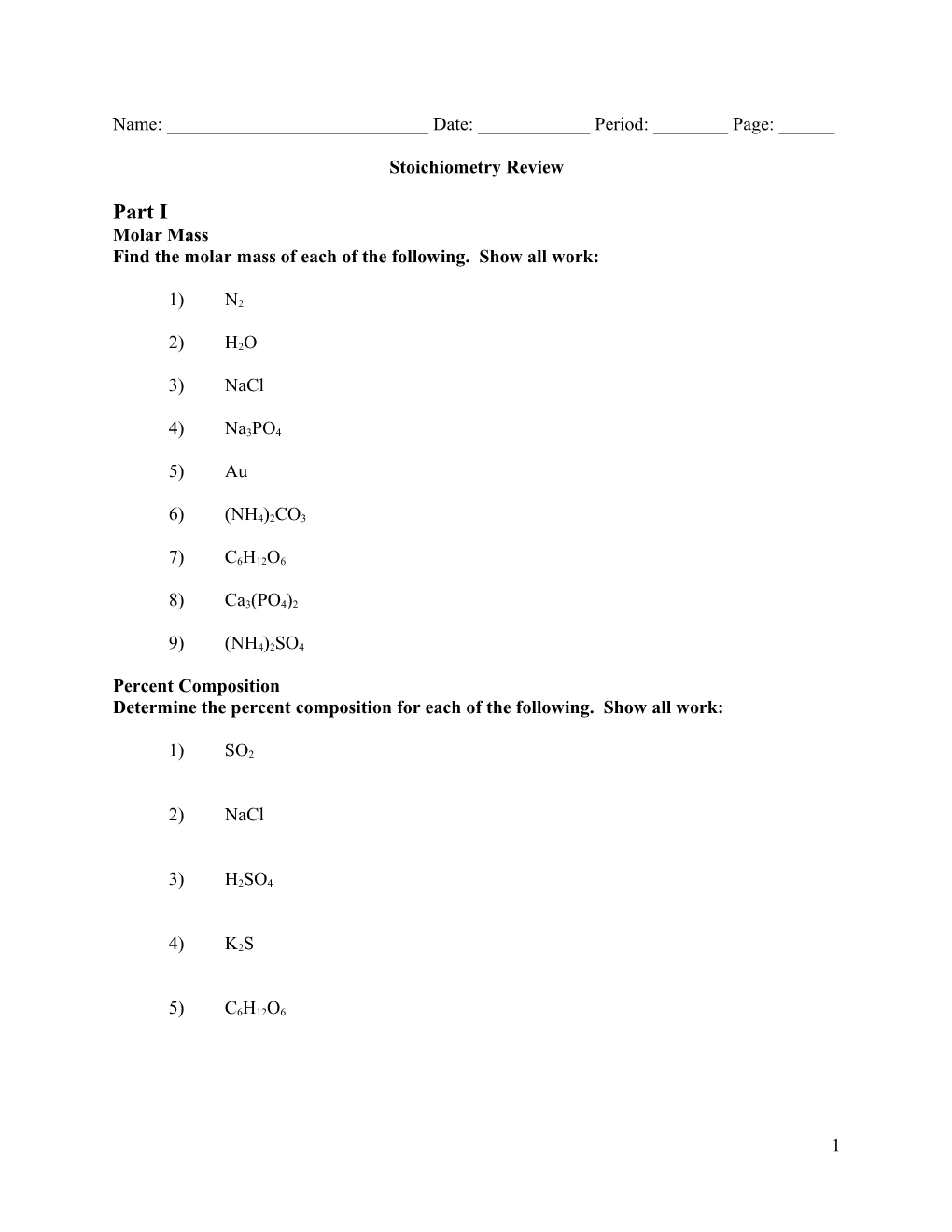 Stoichiometry I Unit Assessment