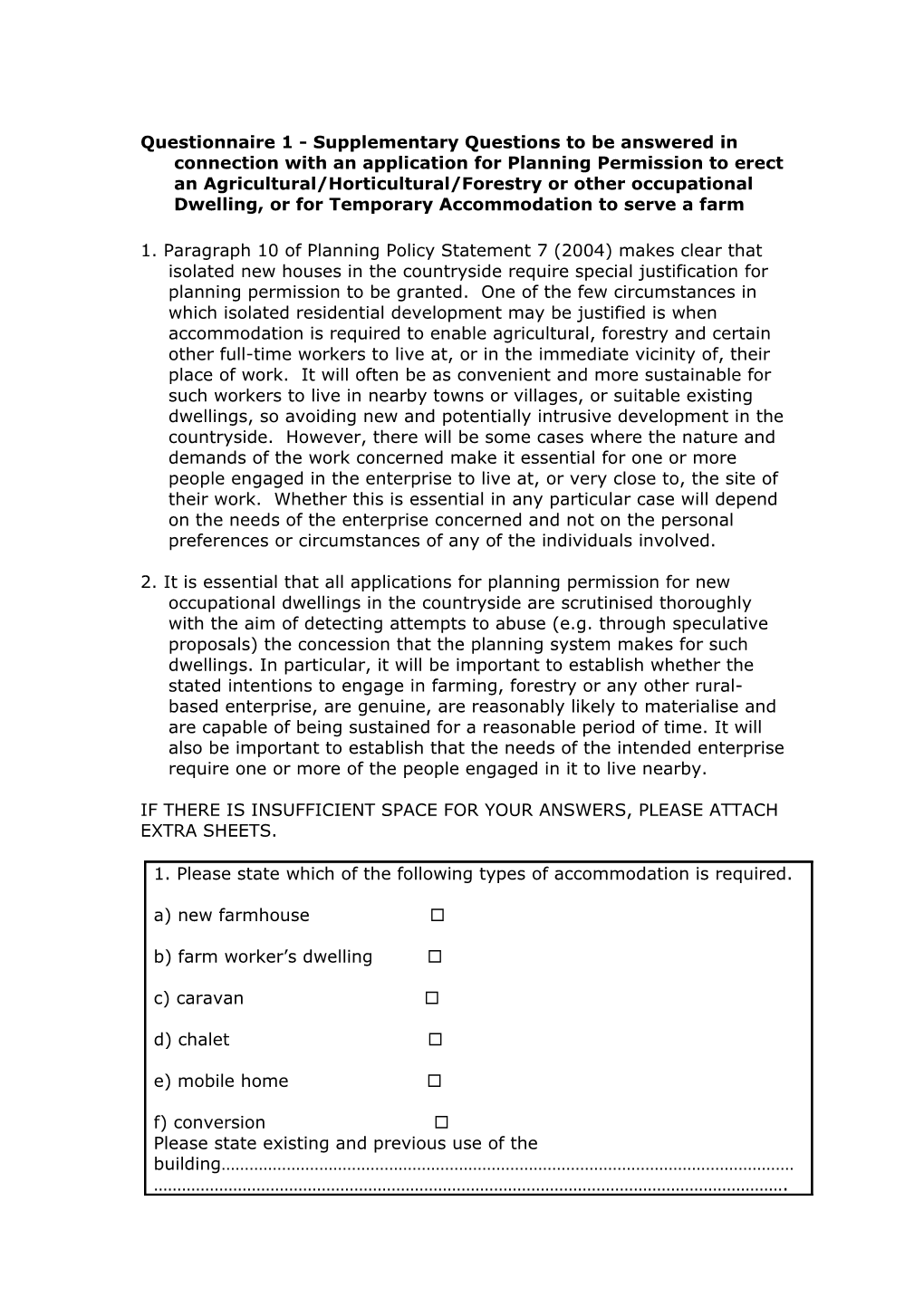 Questionnaire 1 - Supplementary Questions to Be Answered in Connection with an Application