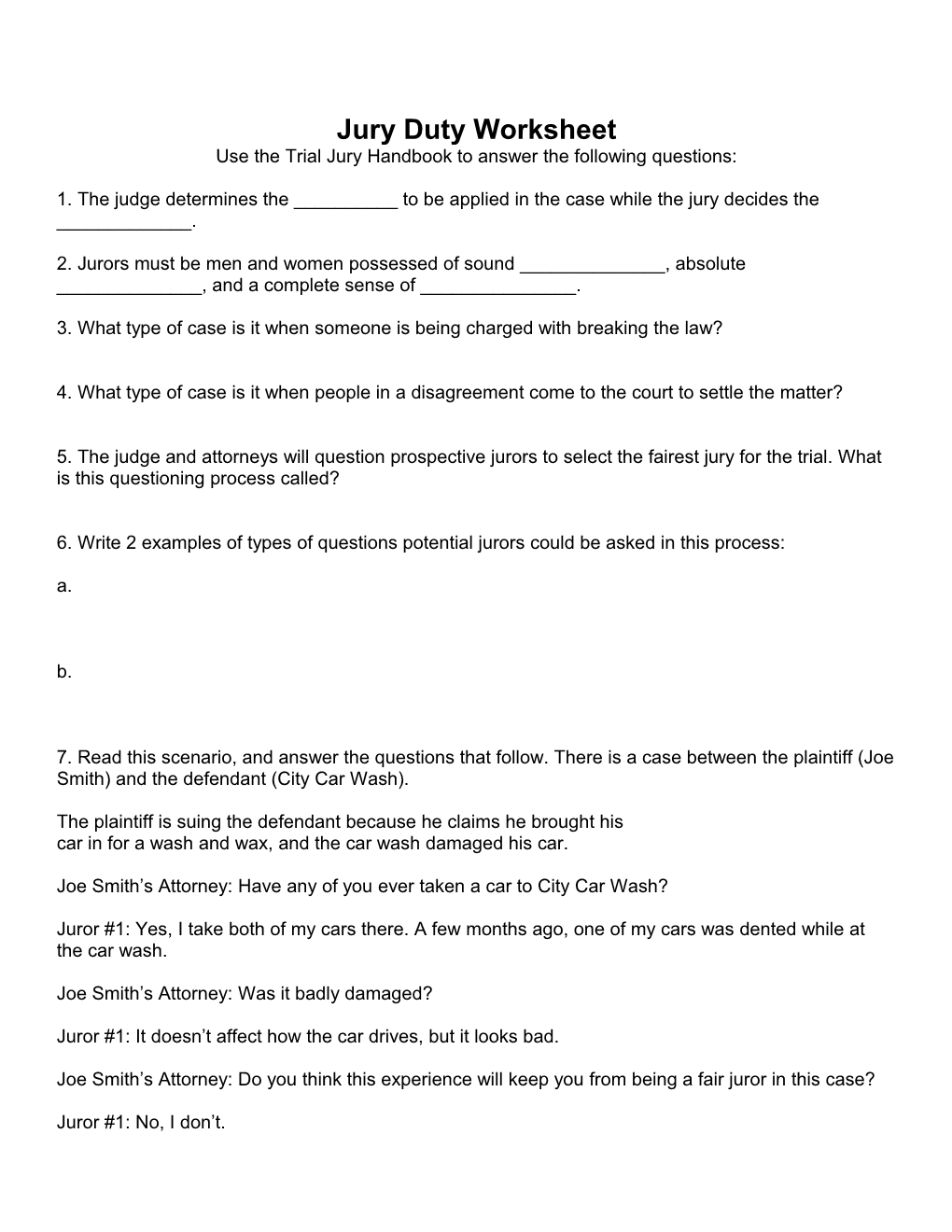 Jury Duty Worksheet