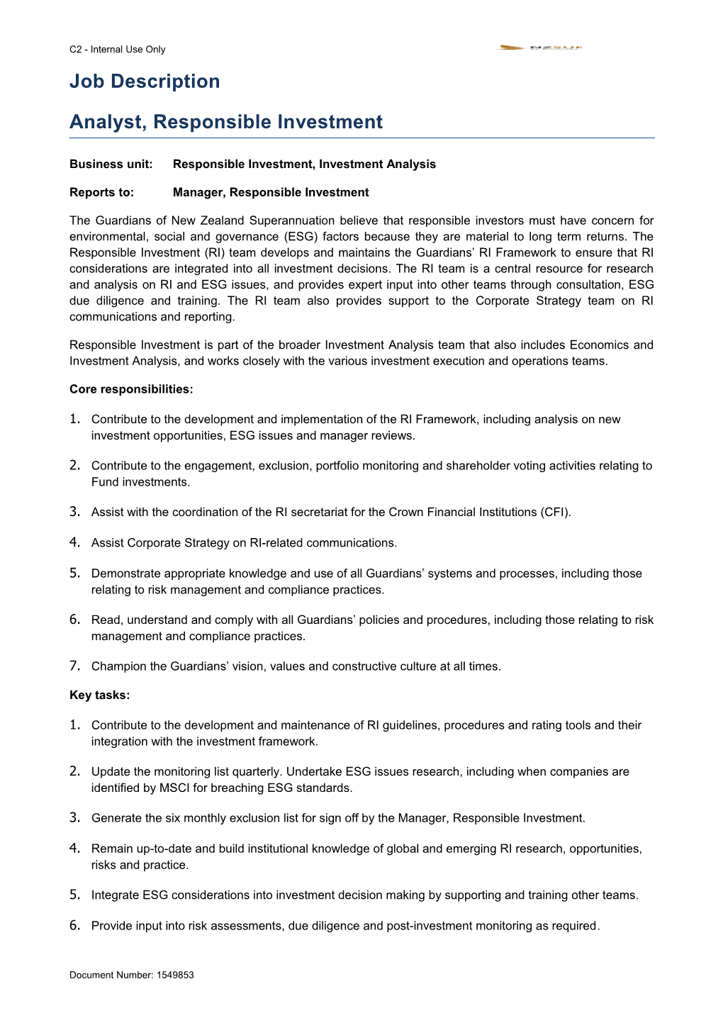 Business Unit: Responsible Investment, Investment Analysis