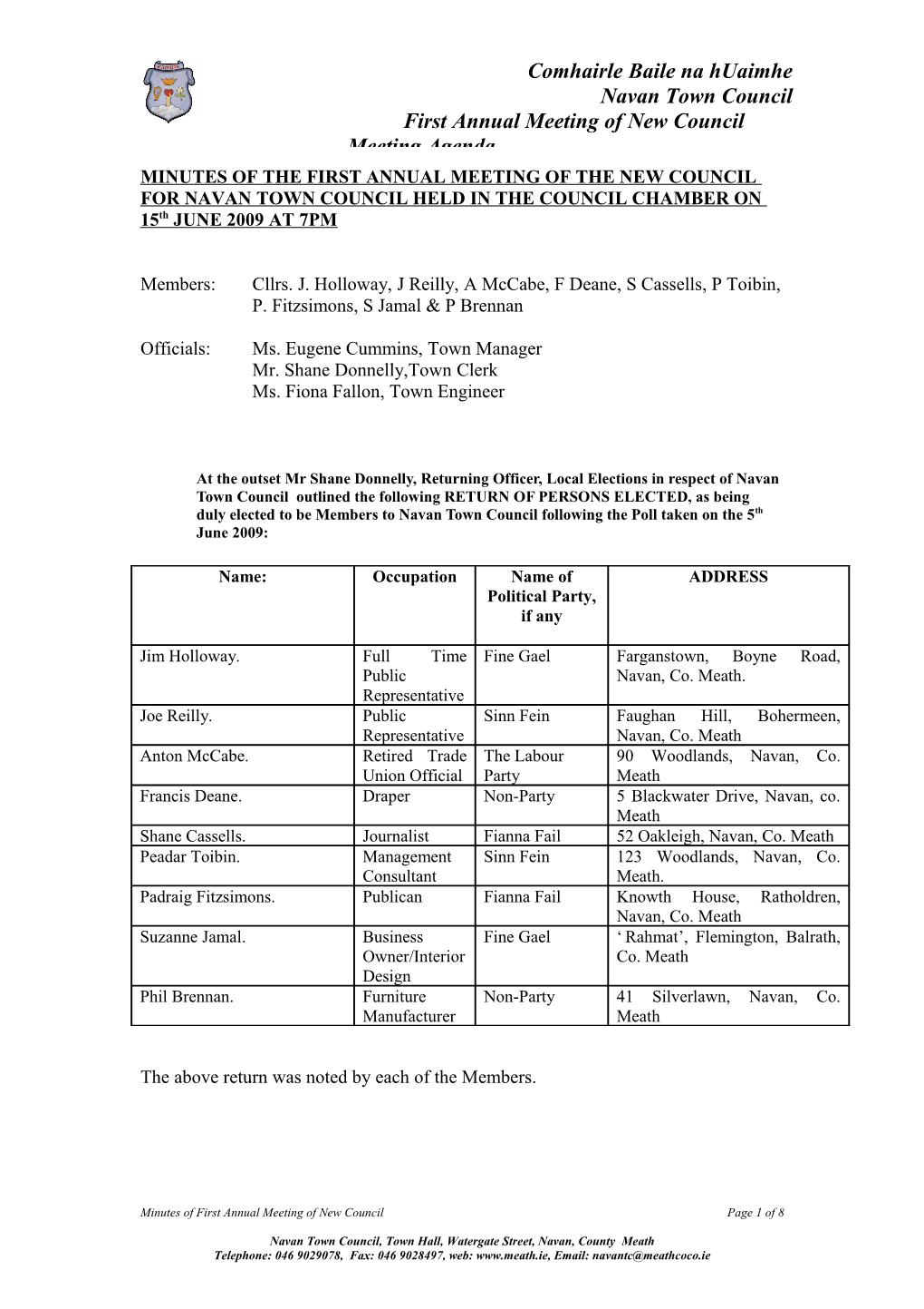 Minutes of the First Annual Meeting of the New Council for Navan Town Council Held on 21St