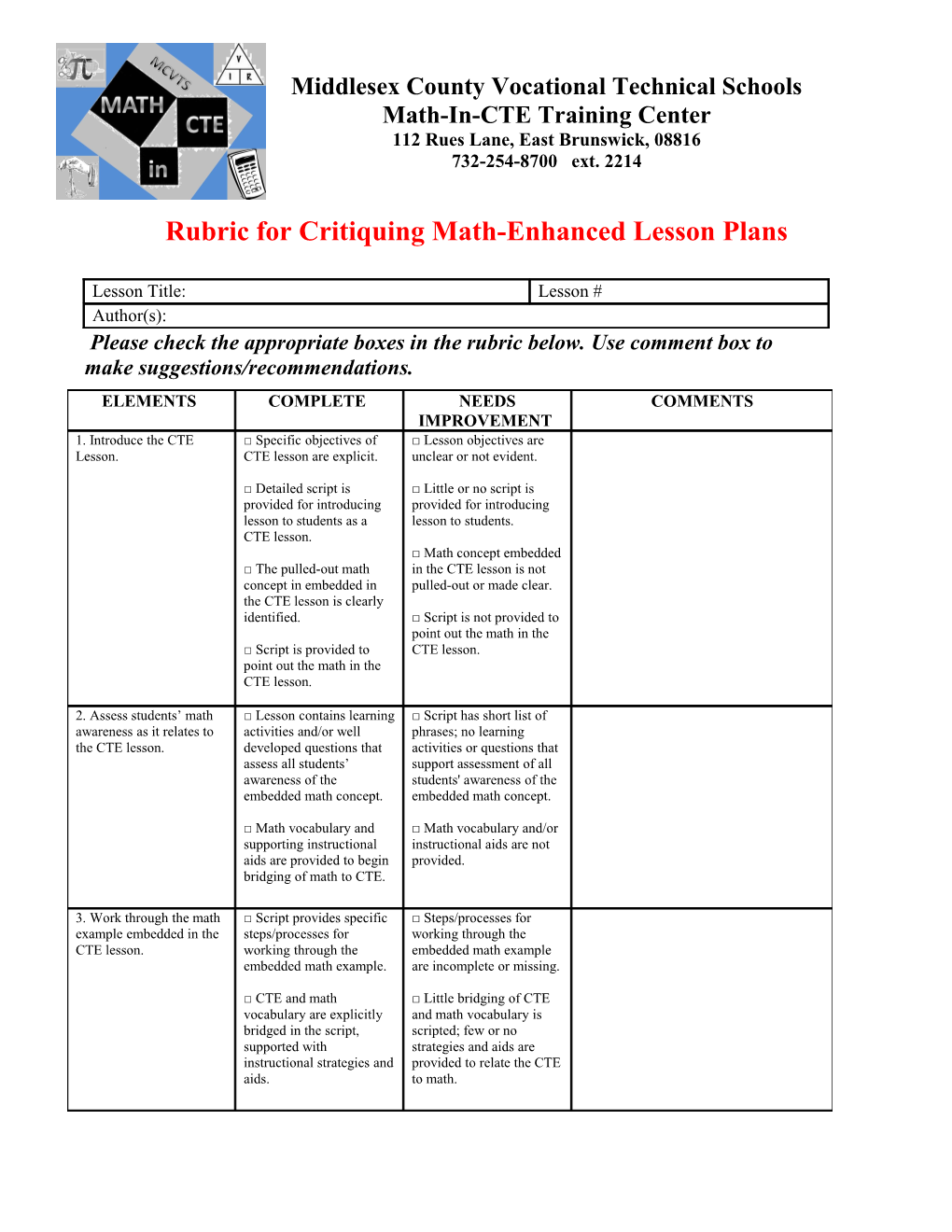 Rubric for Critiquing Math-Enhanced Lesson Plans