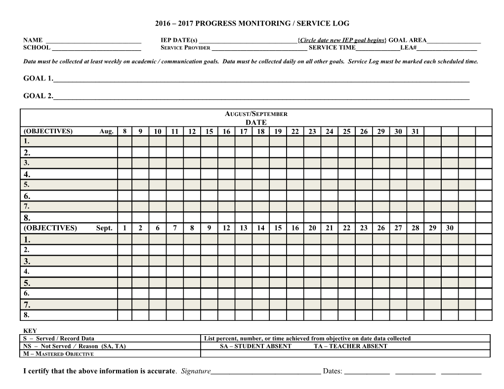 2016 2017 Progress Monitoring / Service Log